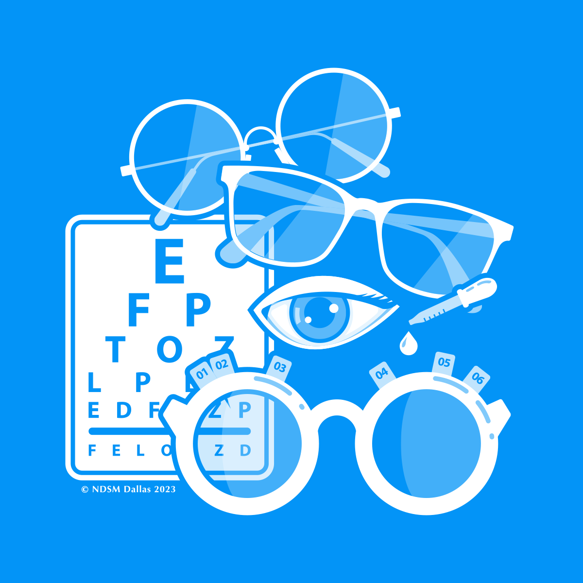 A blue background with glasses and an eye chart