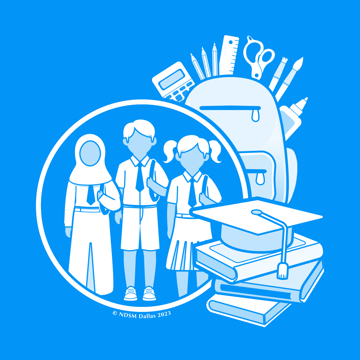 A blue background with a picture of students and books.