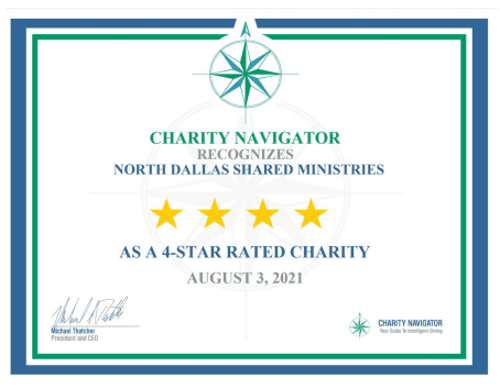 A 4 star rating certificate for north dallas shared ministries.
