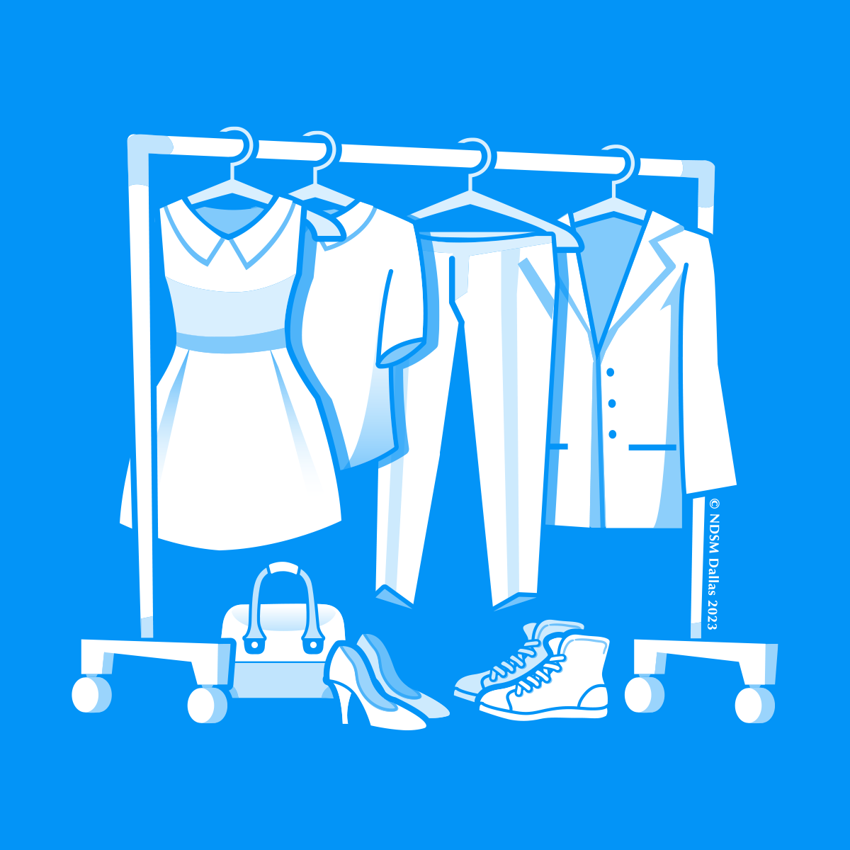 A blue background with white clothing and shoes.